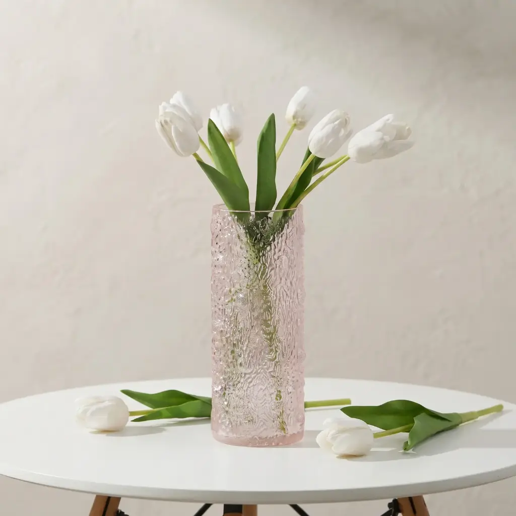 360 HOME MY HOME DECORATIVE GLASS VASE Textured Cylindrical narrow opening 10*25cm pink