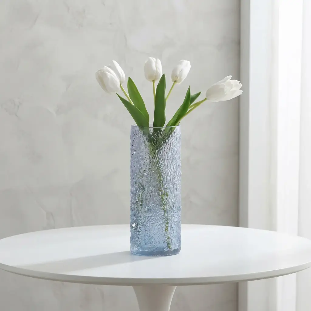 360 HOME MY HOME DECORATIVE GLASS VASE Textured Cylindrical narrow opening 10*25cm blue