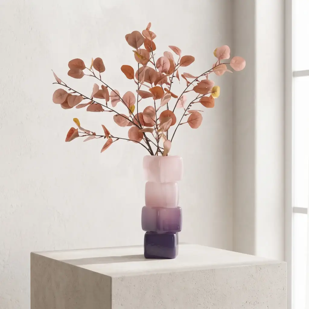 360 HOME MY HOME DECORATIVE GLASS VASE Stacked Geometric rounded-square sections 24.8*10.3*10.2*10.3cm pink and purple