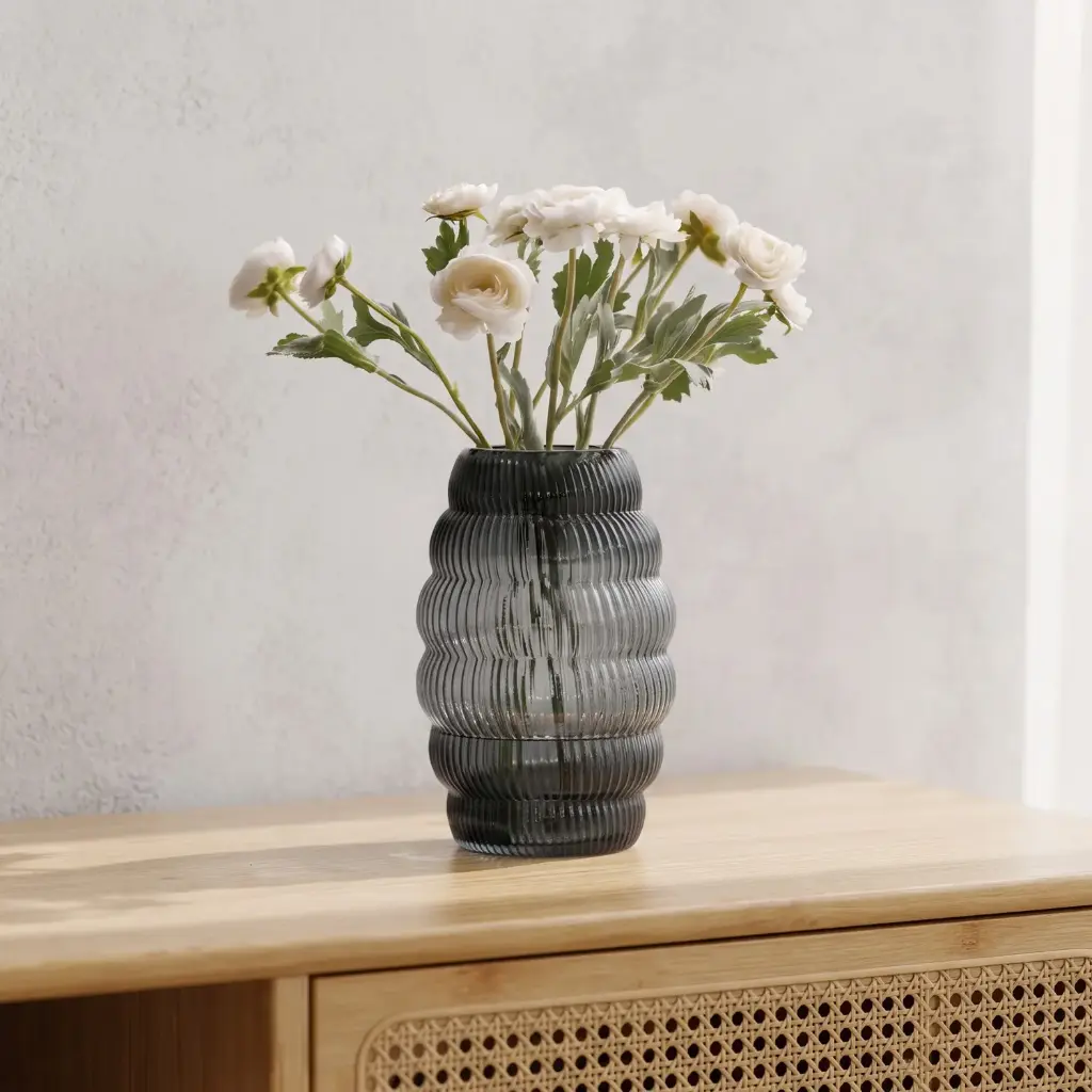 360 HOME MY HOME DECORATIVE GLASS VASE Ribbed Bubble horizontal bulging ribs 23.1*9.8*10.2*16cm smokey grey