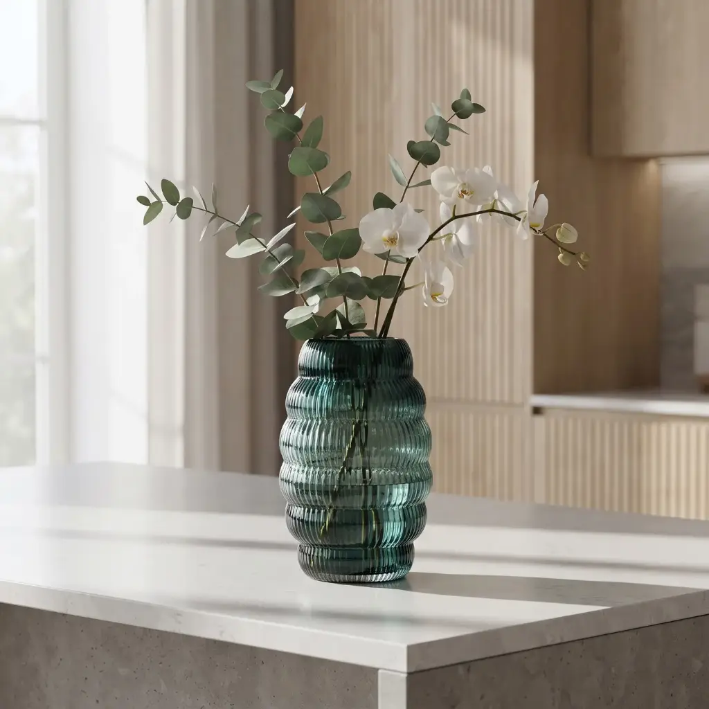 360 HOME MY HOME DECORATIVE GLASS VASE Ribbed Bubble horizontal bulging ribs 27.1*10.4*11.3*17.8cm matte green