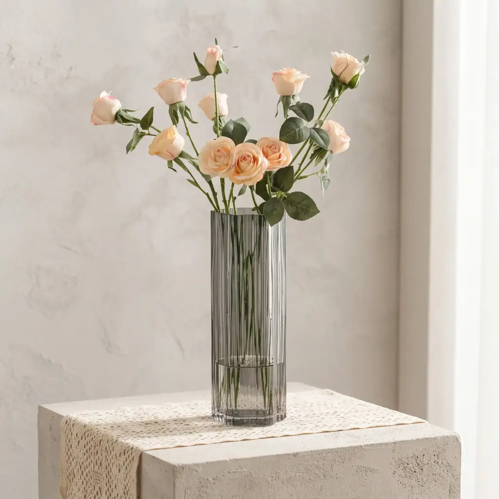 360 HOME MY HOME DECORATIVE GLASS VASE Fluted Cylindrical straight sides 30*10*10*10cm smokey grey