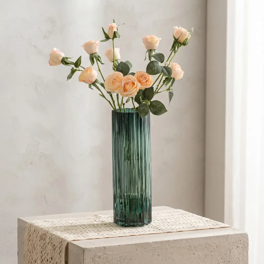 360 HOME MY HOME DECORATIVE GLASS VASE  Fluted Cylindrical straight sides 25*10*10*10cm dark green