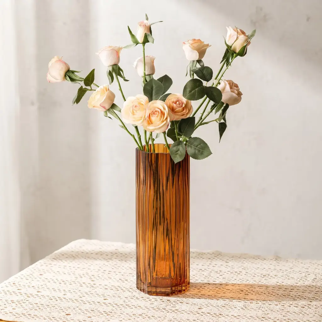 360 HOME MY HOME DECORATIVE GLASS VASE  Fluted Cylindrical straight sides 30*10*10*10cm amber