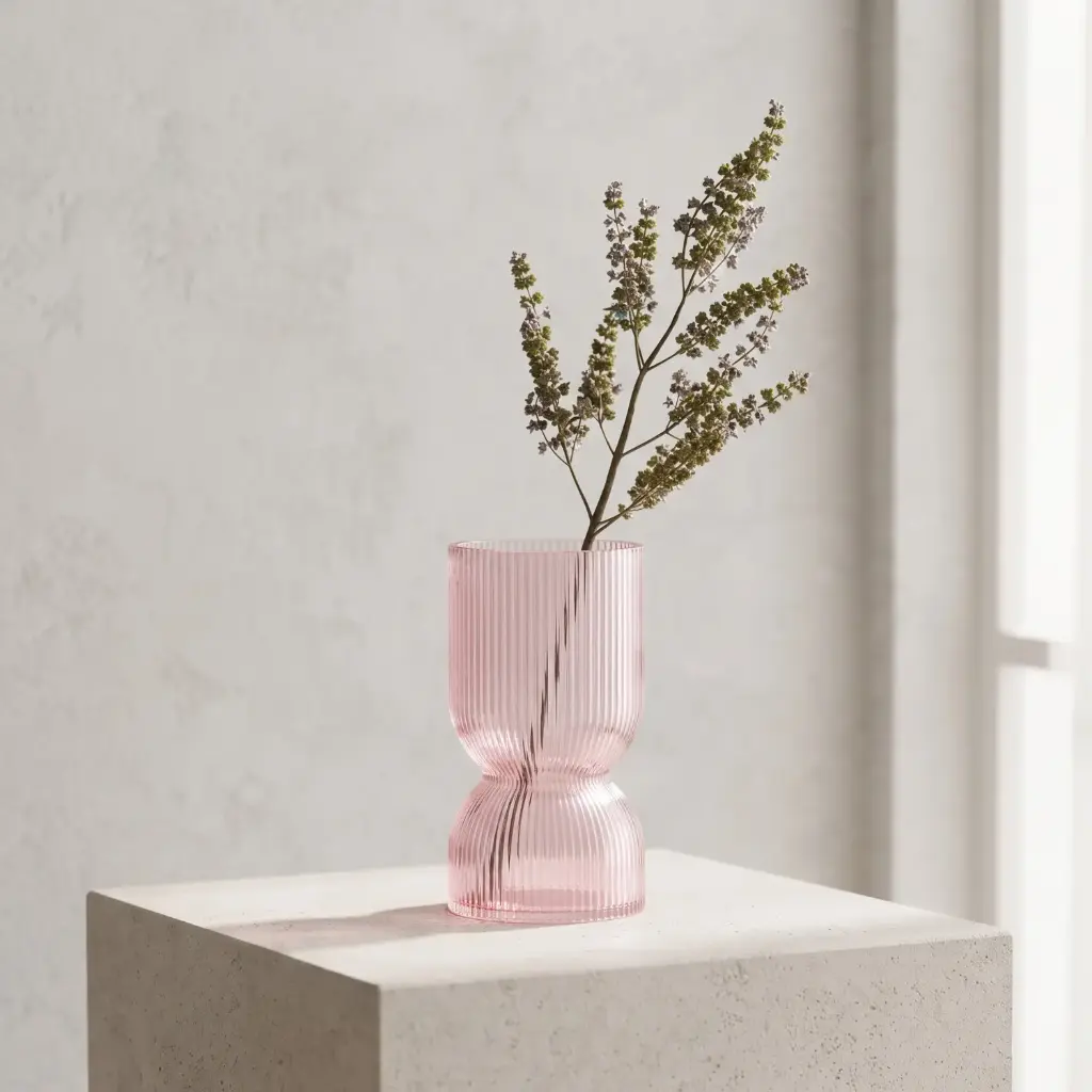 360 HOME MY HOME DECORATIVE GLASS VASE Ribbed Hourglass Cylindrical body with a narrow waist 20*11*11*11cm pink
