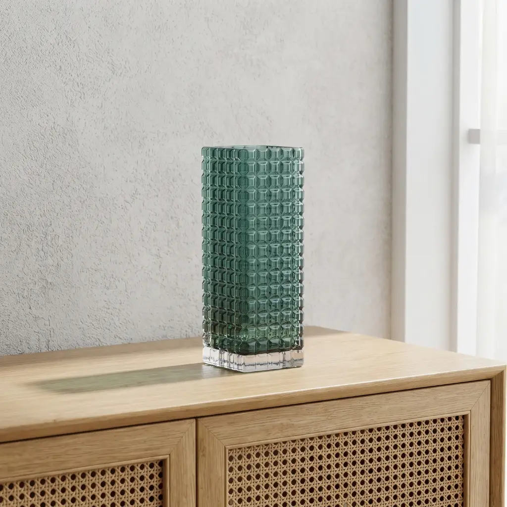360 HOME MY HOME DECORATIVE GLASS VASE Textured Grid Pattern Cylinder with straight sides 30*10*10*10cm green