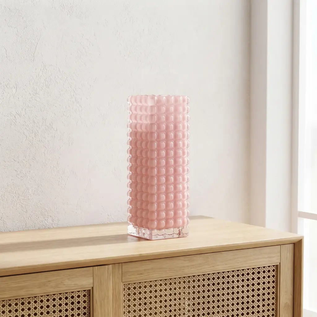 360 HOME MY HOME DECORATIVE GLASS VASE Textured Grid Pattern Cylinder with straight sides  25*10*10*10cm pink
