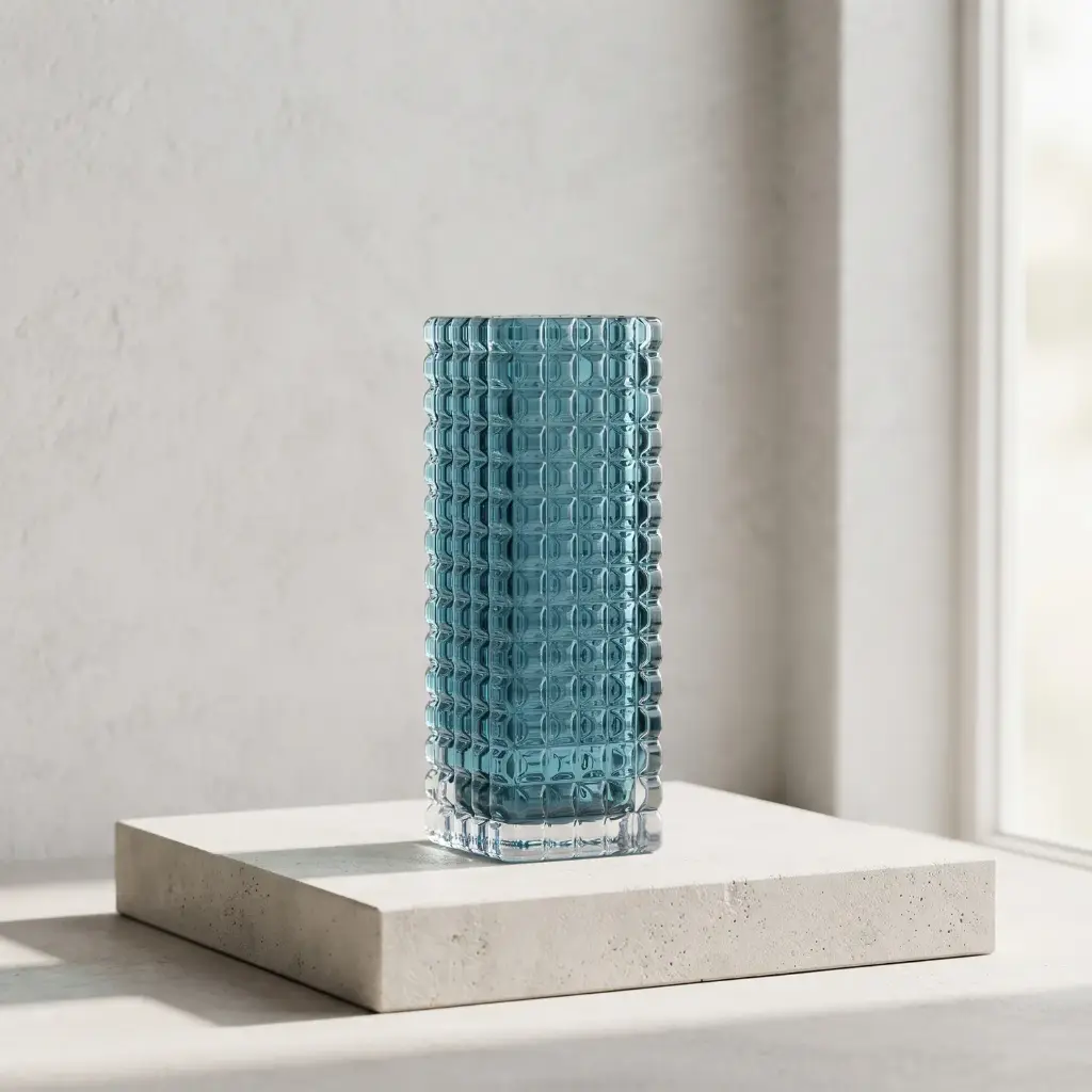 360 HOME MY HOME DECORATIVE GLASS VASE Textured Grid Pattern Cylinder with straight sides  25*10*10*10cm blue