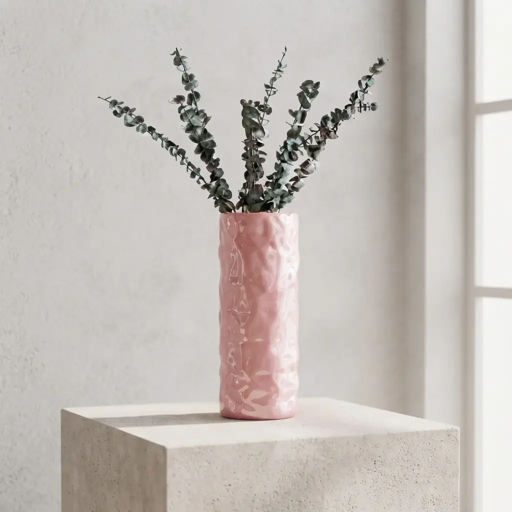360 HOME MY HOME DECORATIVE GLASS VASE Faceted Textured Cylinder with straight sides 28.5*12*12*12cm pink