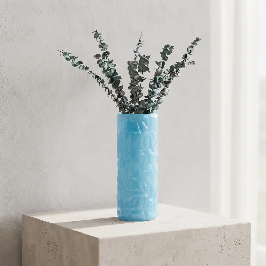 360 HOME MY HOME DECORATIVE GLASS VASE Faceted Textured Cylinder with straight sides 28.5*12*12*12cm blue