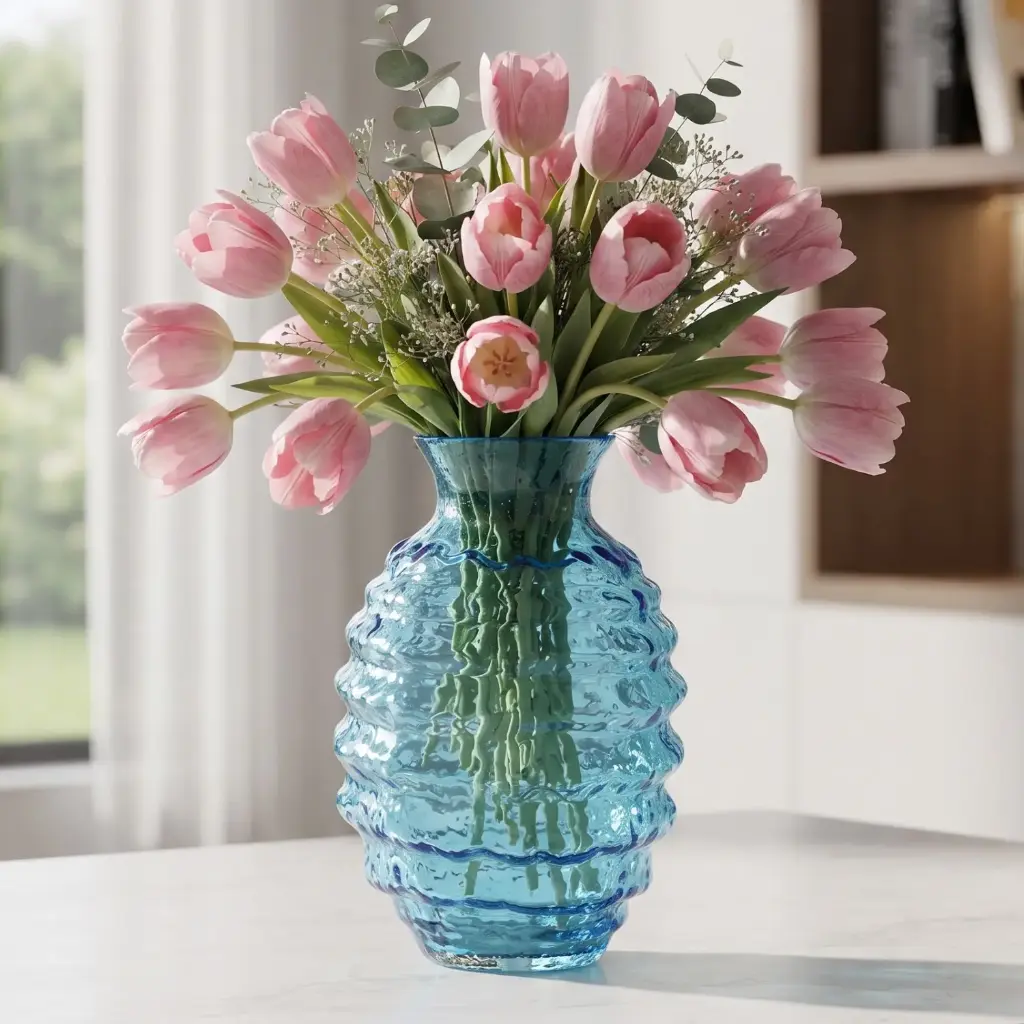 360 HOME MY HOME DECORATIVE GLASS VASE  Ribbed Bubble-Shaped with a narrow flared neck 20*30cm blue