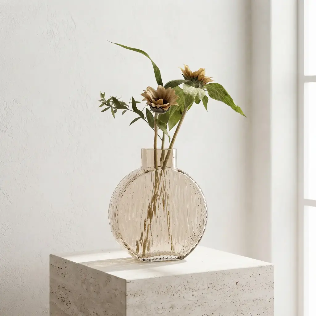 360 HOME MY HOME DECORATIVE GLASS VASE Round vase: flattened spherical body with a short wide neck 15.5*8*20cm beige