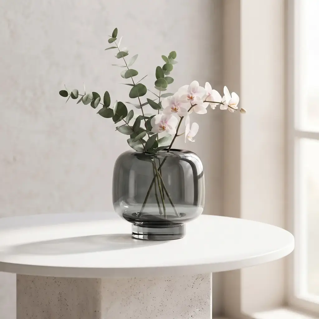 360 HOME MY HOME DECORATIVE GLASS VASE Rounded bubble low-profile body wide opening and short neck 14*16cm grey