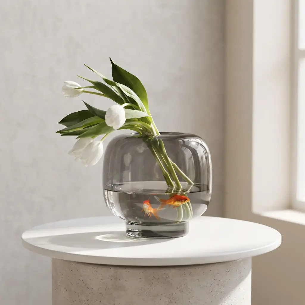 360 HOME MY HOME DECORATIVE GLASS VASE Rounded bubble low-profile body wide opening and short neck 20*23cm grey