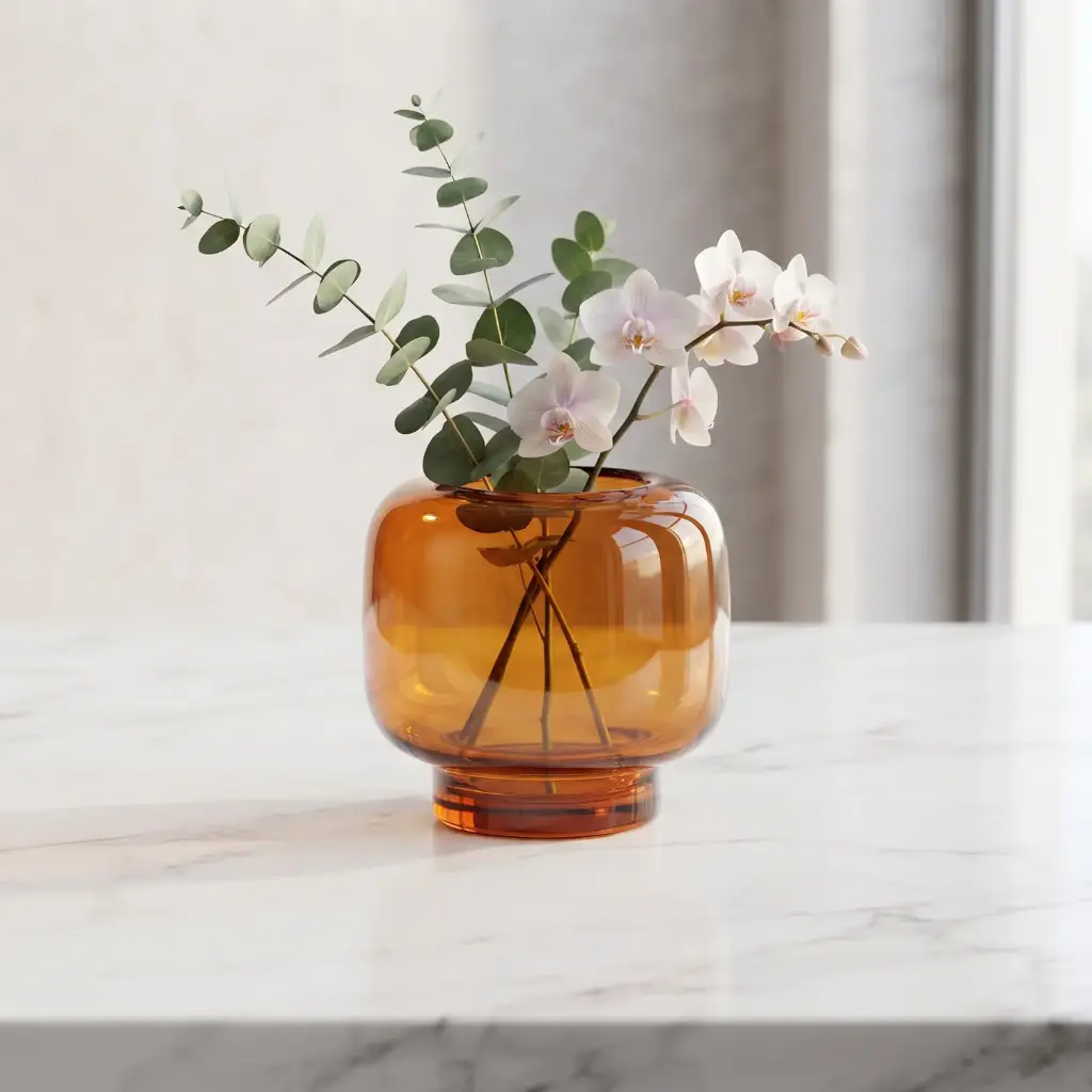 360 HOME MY HOME DECORATIVE GLASS VASE Rounded bubble low-profile body wide opening and short neck 14*16cm amber