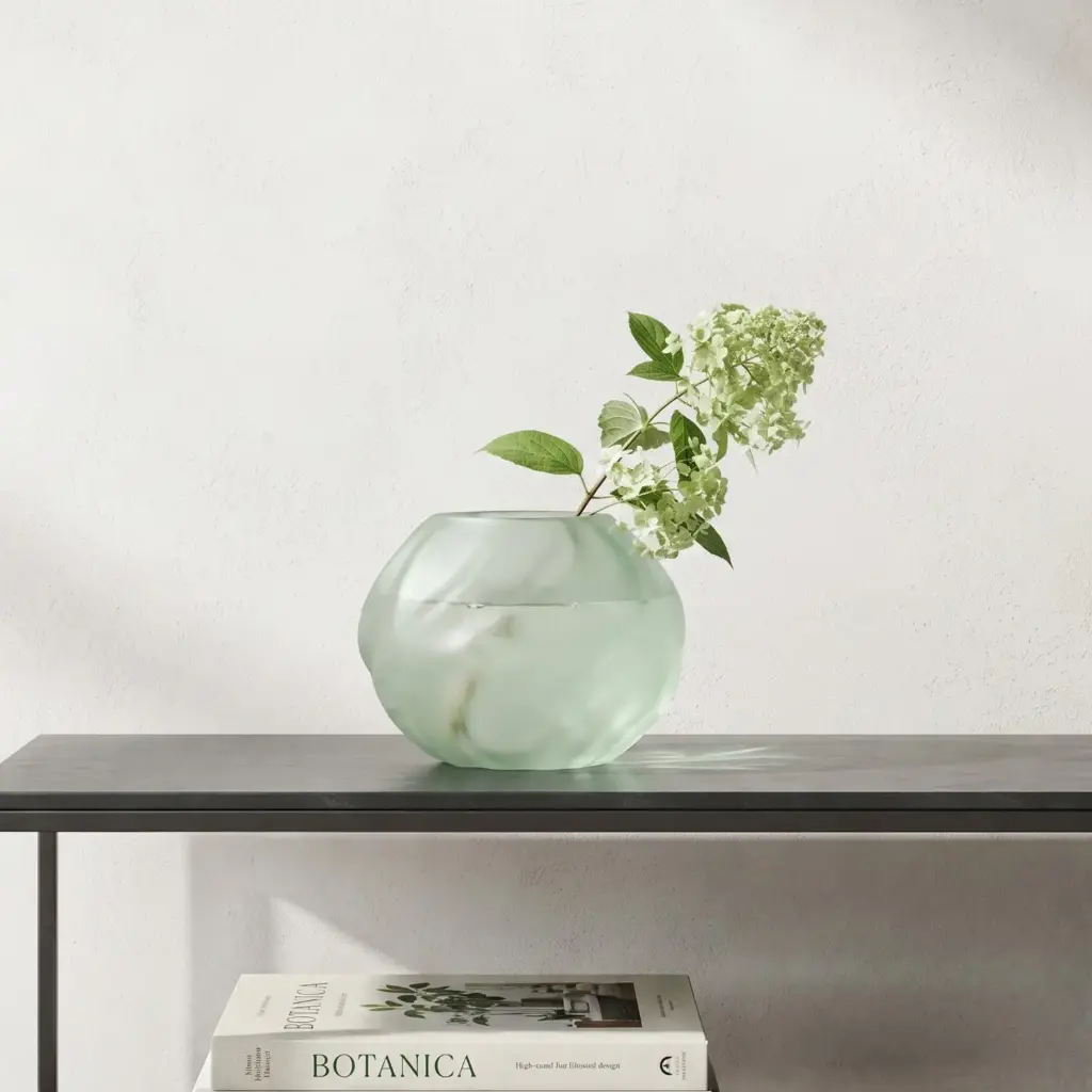 360 HOME MY HOME DECORATIVE GLASS VASE Frosted Wavy Round wide opening 18*20cm green matte