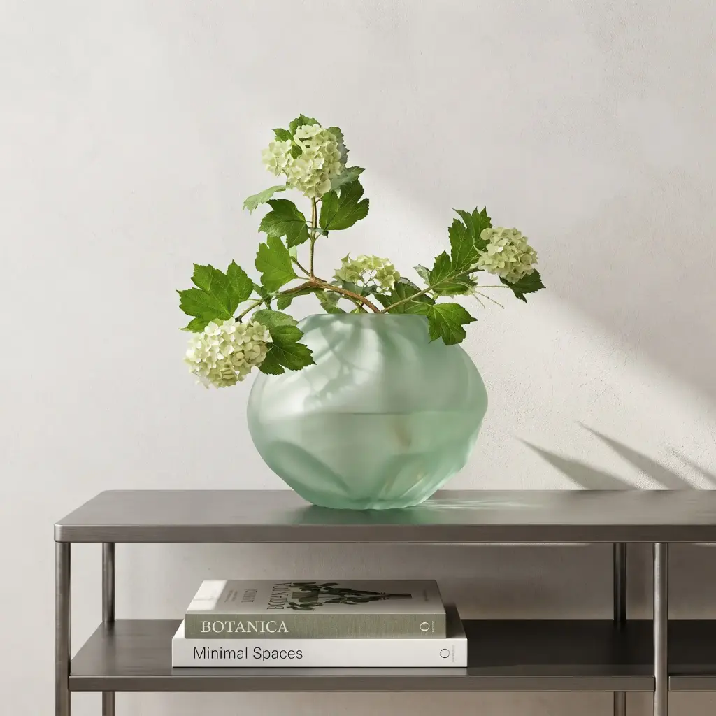 360 HOME MY HOME DECORATIVE GLASS VASE Frosted Wavy Round wide opening 23*25cm green matte