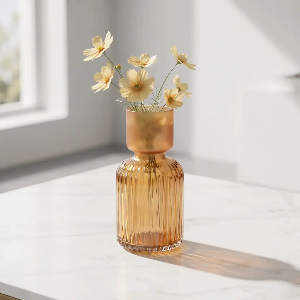 360 HOME MY HOME DECORATIVE GLASS VASE Ribbed Bottle-Shaped wide cylindrical neck 14*25cm amber