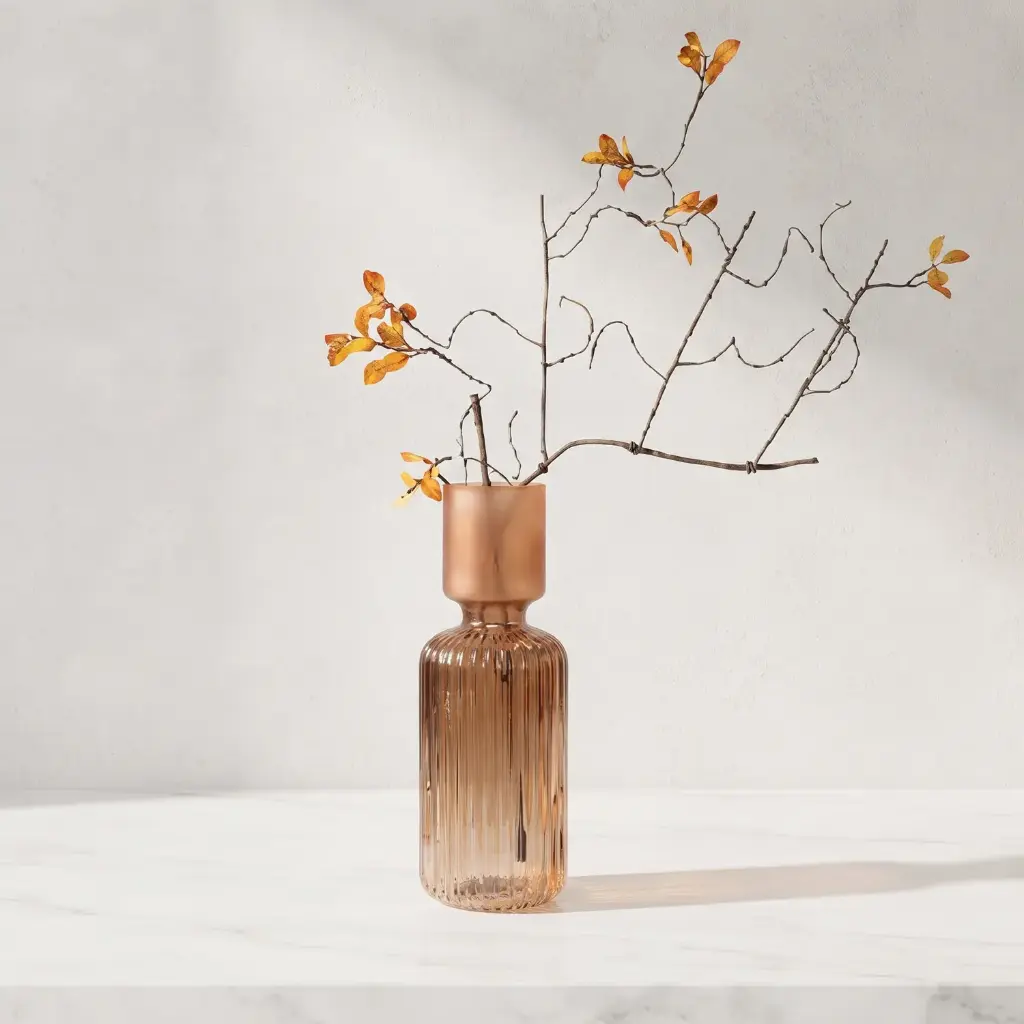 360 HOME MY HOME DECORATIVE GLASS VASE Ribbed Bottle-Shaped wide cylindrical neck 12*30cm amber