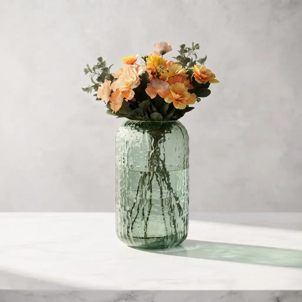 360 HOME MY HOME DECORATIVE GLASS VASE Hammered Textured Cylinder softly curved edges 20*5*34cm green