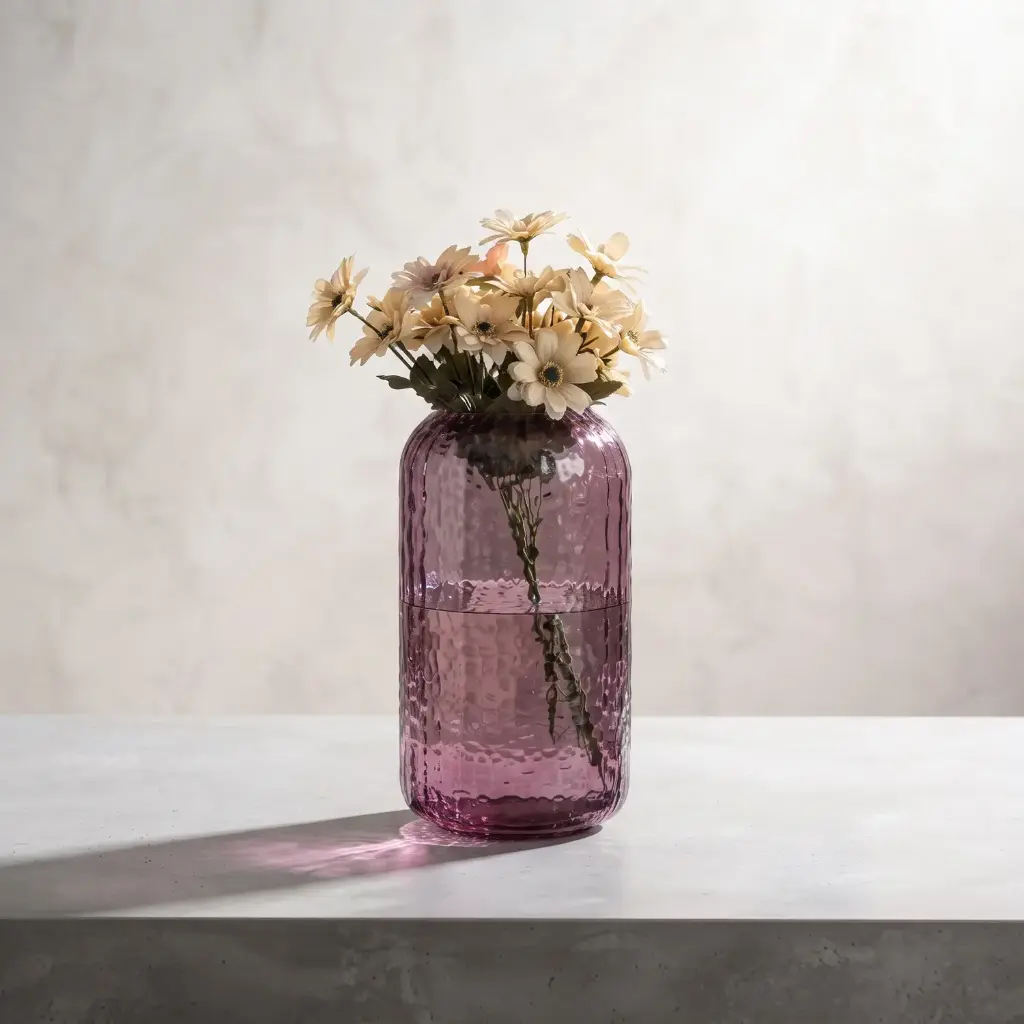360 HOME MY HOME DECORATIVE GLASS VASE Hammered Textured Cylinder softly curved edges 20*5*34cm purple