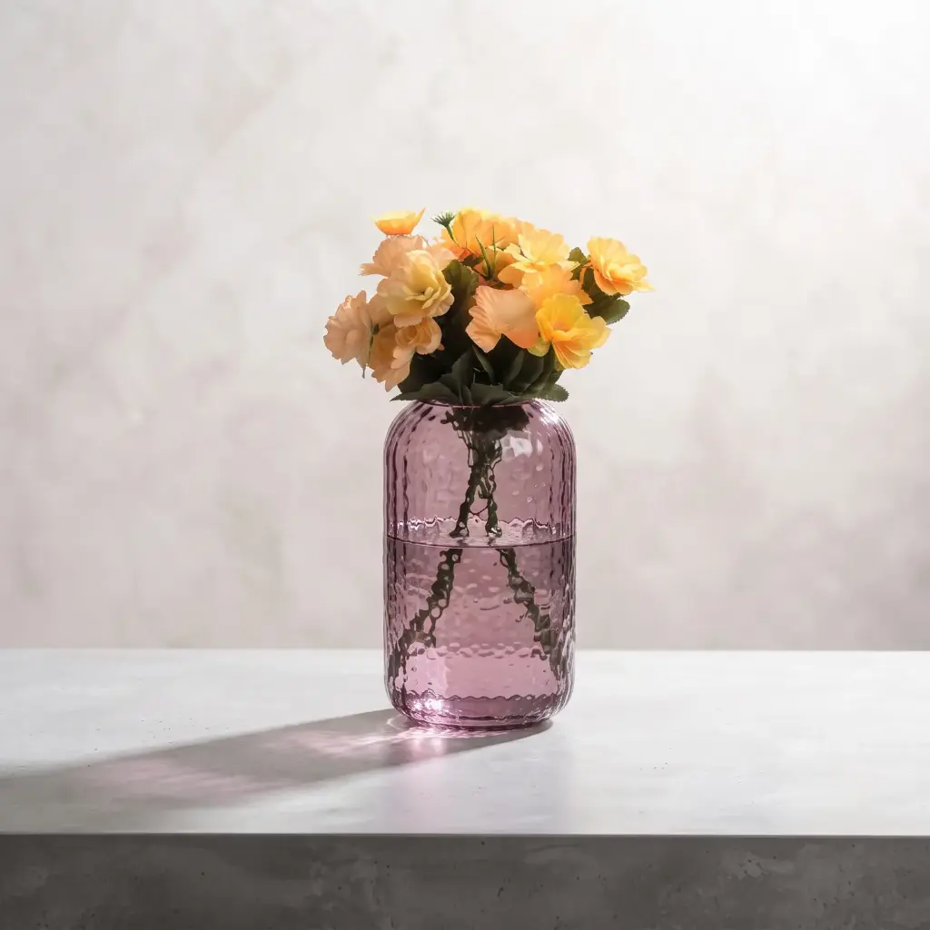 360 HOME MY HOME DECORATIVE GLASS VASE Hammered Textured Cylinder softly curved edges 20*5*27cm purple