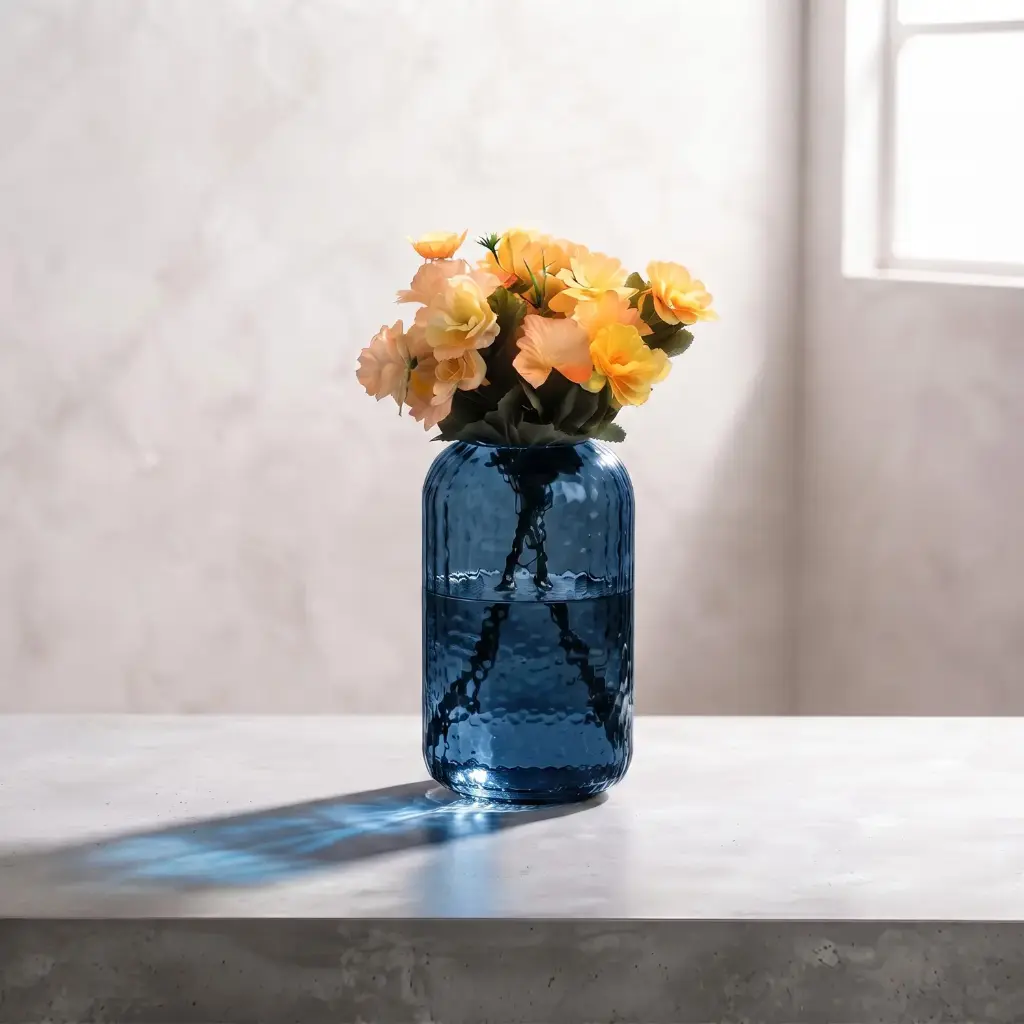 360 HOME MY HOME DECORATIVE GLASS VASE Hammered Textured Cylinder softly curved edges 20*5*27cm blue