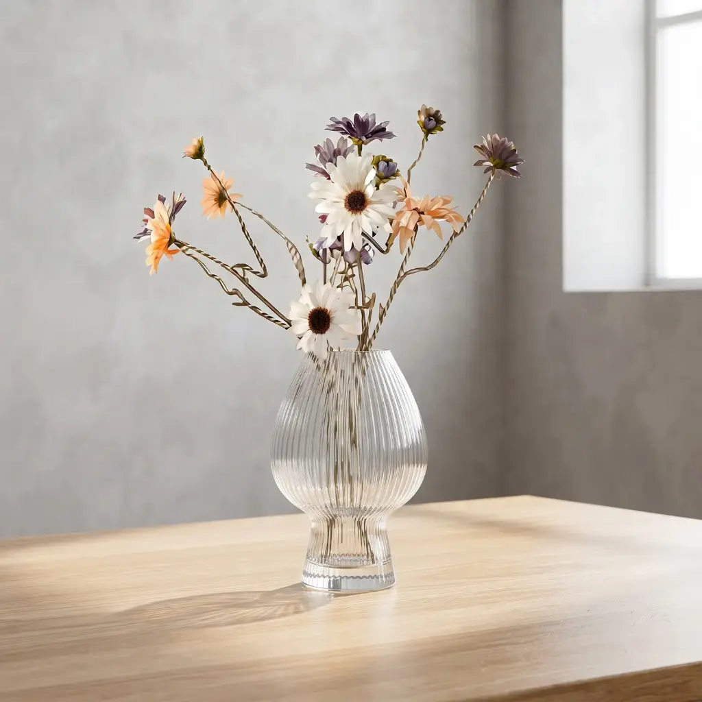 360 HOME MY HOME DECORATIVE GLASS VASE Ribbed Bulb-Shaped narrow neck and short pedestal base 15.2*18.2cm transparent
