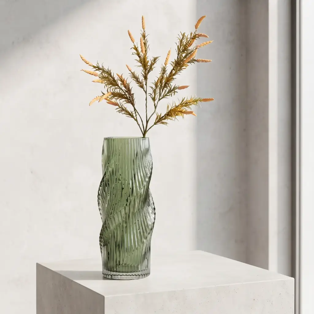 360 HOME MY HOME DECORATIVE GLASS VASE twisted wavy slightly tapered form 13*29.5cm green