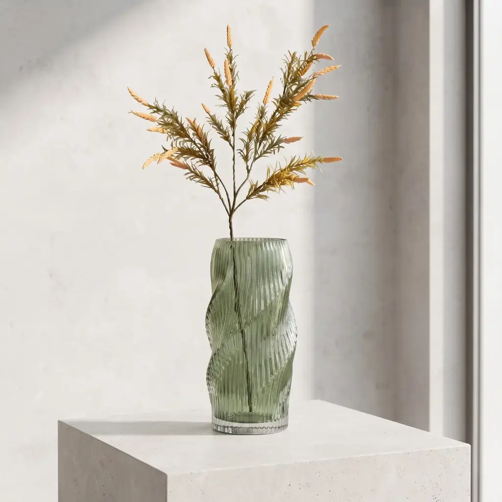 360 HOME MY HOME DECORATIVE GLASS VASE  twisted wavy slightly tapered form 14.5*24.5cm green