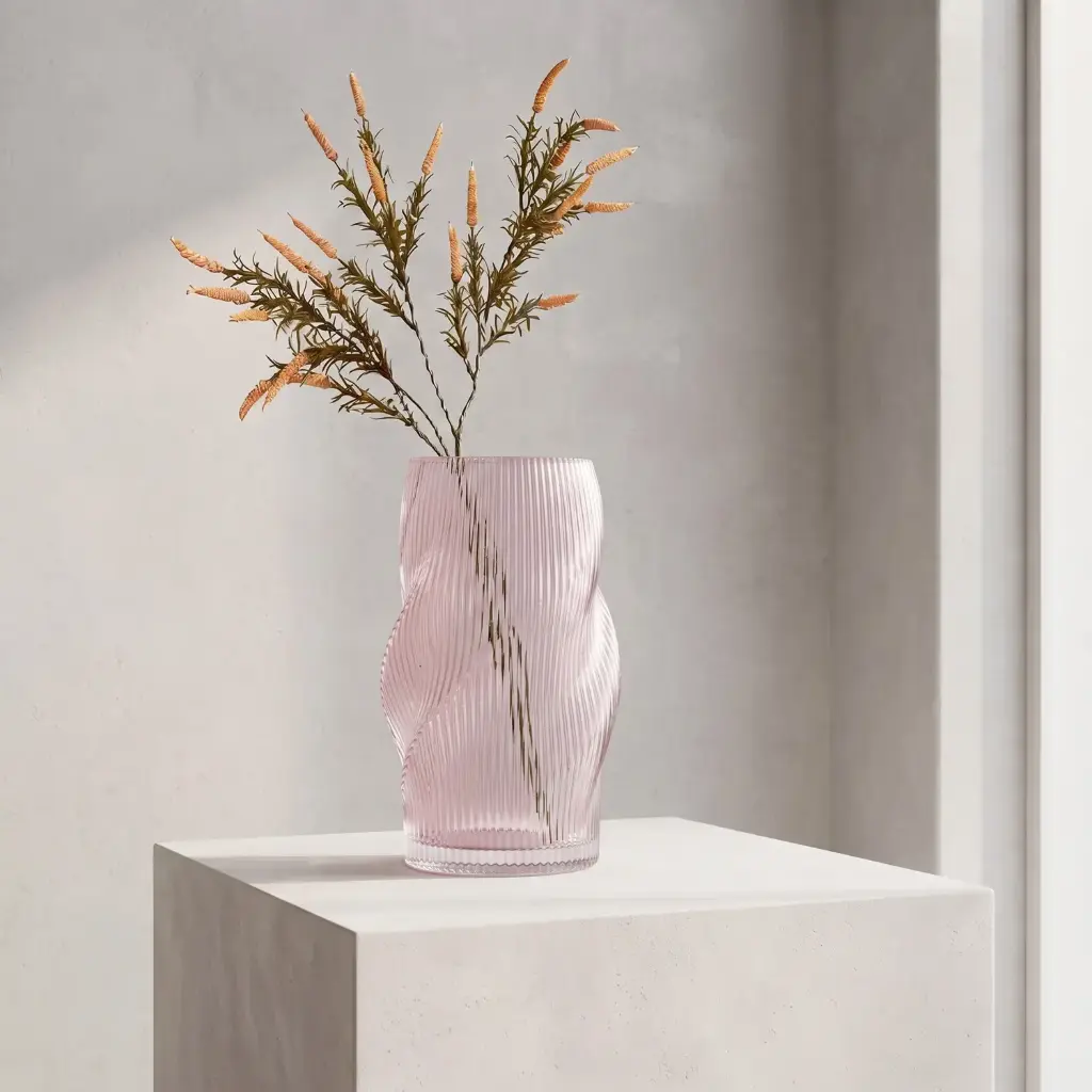 360 HOME MY HOME DECORATIVE GLASS VASE  twisted wavy slightly tapered form 13*29.5cm pink