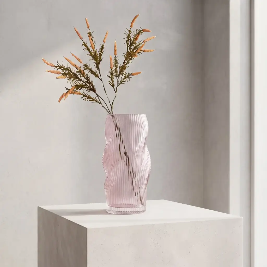 360 HOME MY HOME DECORATIVE GLASS VASE  twisted wavy slightly tapered form 14.5*24.5cm pink