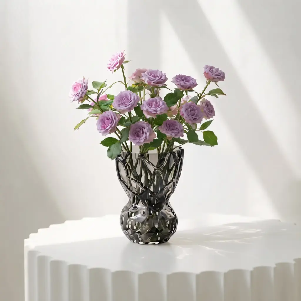 360 HOME MY HOME DECORATIVE GLASS VASE  Faceted Geometric narrow waist and flared opening 14.5*20cm grey