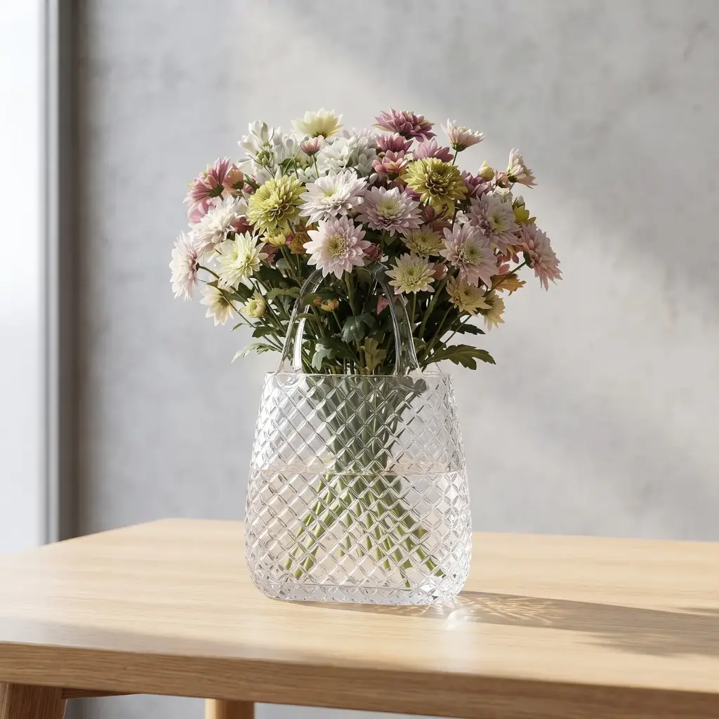 360 HOME MY HOME DECORATIVE GLASS VASE diamond textured basket arched handle 21*28cm transparent
