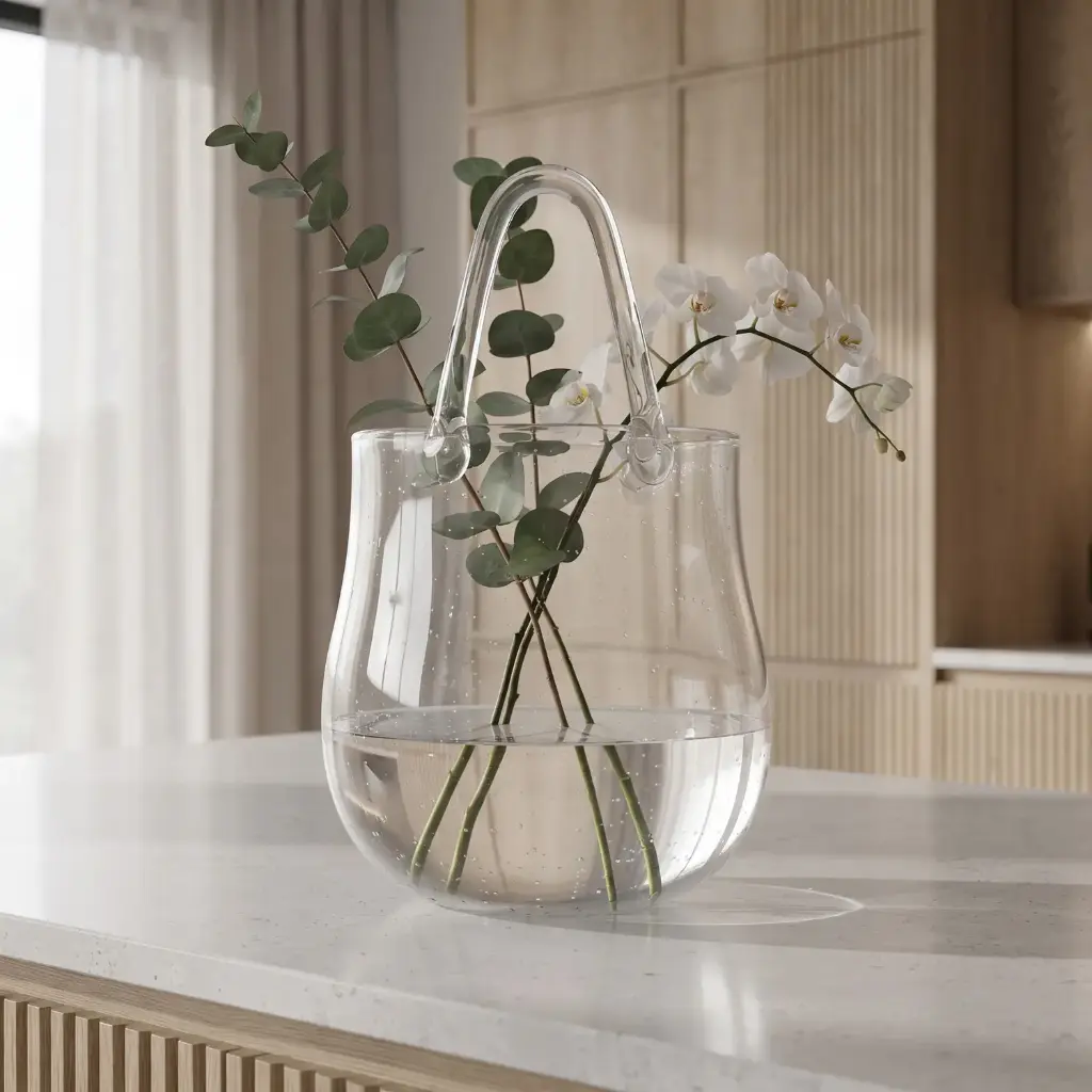 360 HOME MY HOME DECORATIVE GLASS VASE Basket-style silhouette with an integrated loop handle 19*30cm transparent