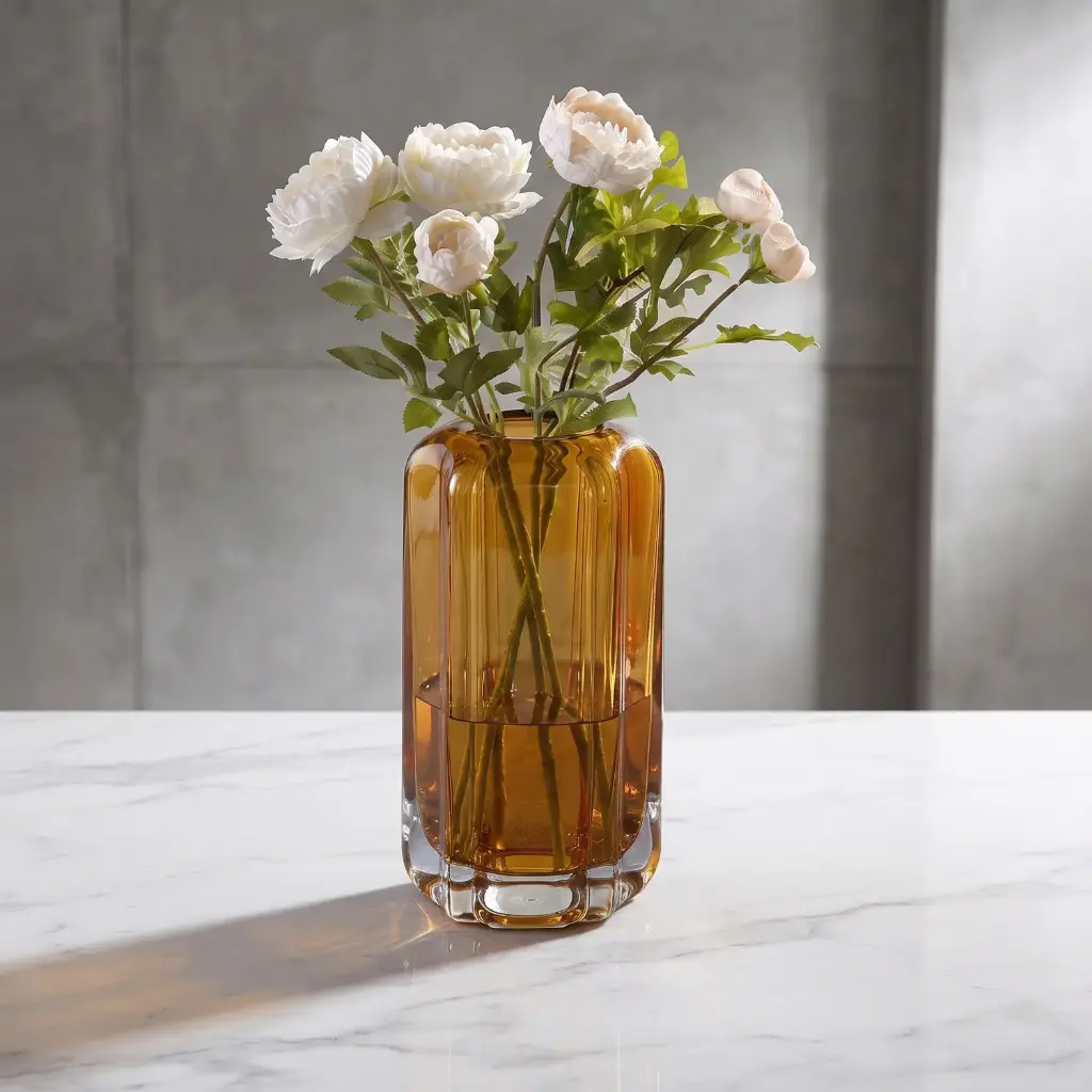 360 HOME MY HOME DECORATIVE GLASS VASE tall ribbed cylinder thick glass rounded edges 14*20cm amber