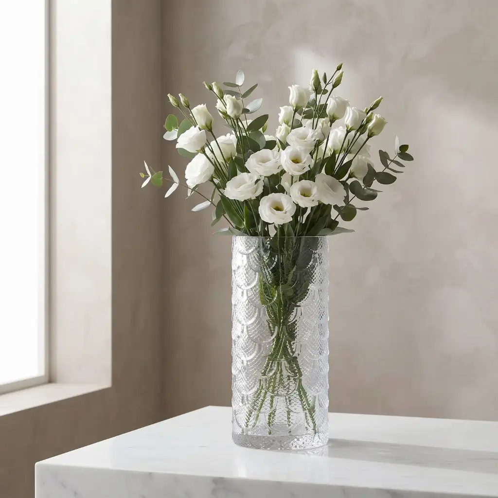 360 HOME MY HOME DECORATIVE GLASS VASE scalloped textured cylinder straight sides 12*26cm transparent