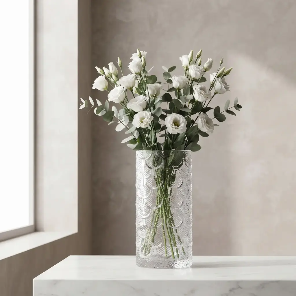 360 HOME MY HOME DECORATIVE GLASS VASE scalloped textured cylinder straight sides 10*22cm transparent