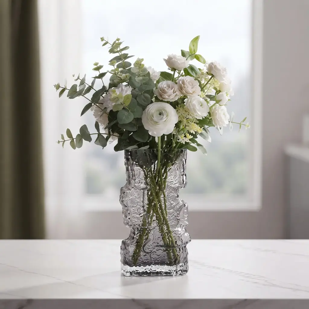 360 HOME MY HOME DECORATIVE GLASS VASE stacked textured irregular rectangular sections 13*30cm grey
