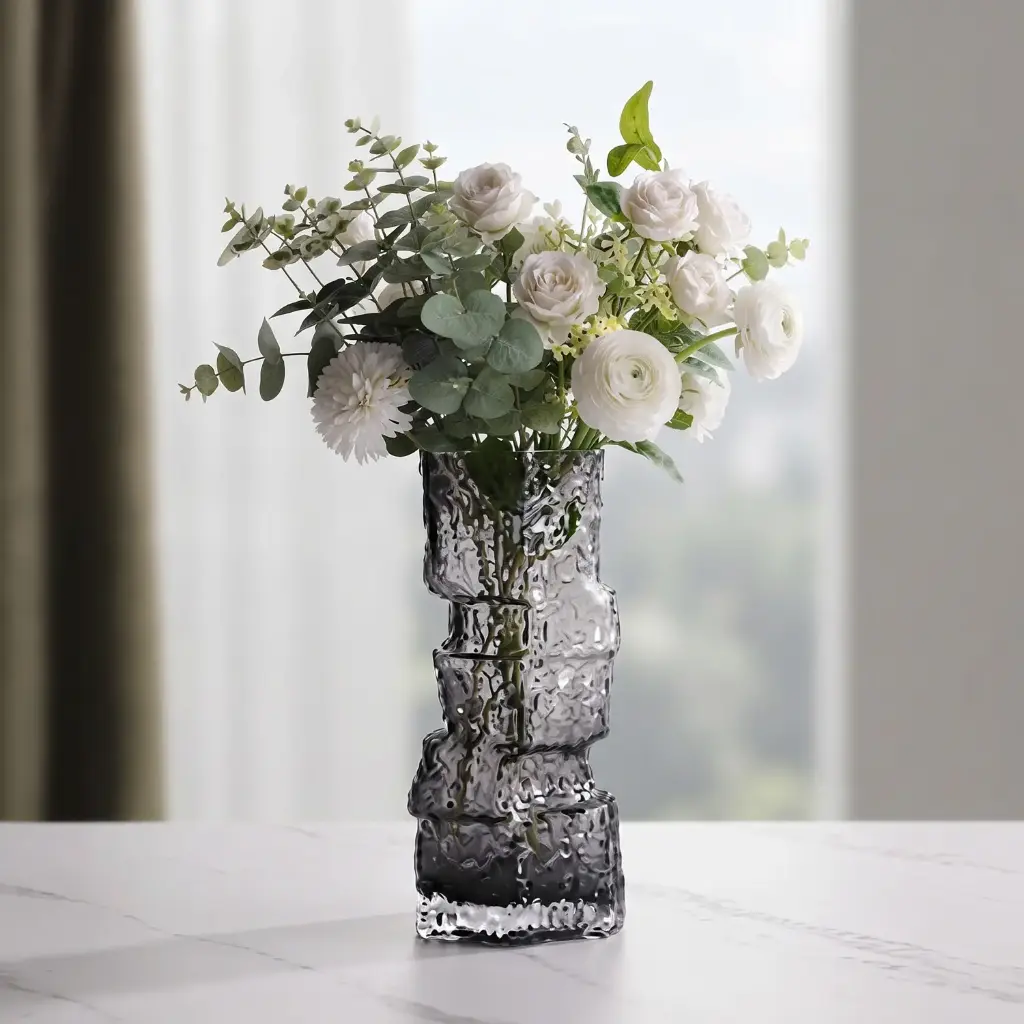 360 HOME MY HOME DECORATIVE GLASS VASE stacked textured irregular rectangular sections15.5*25.5cm grey