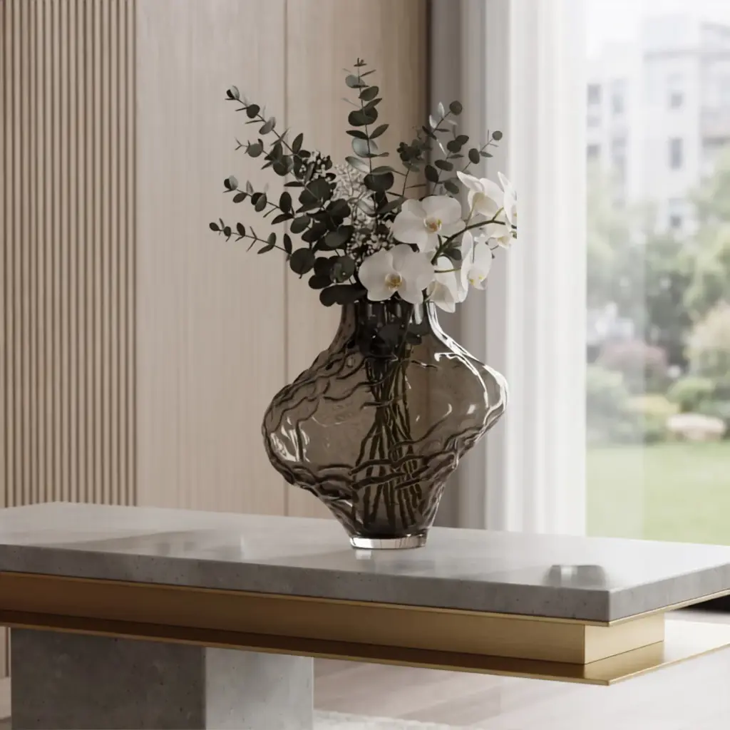 360 HOME MY HOME DECORATIVE GLASS VASE irregular bulbous wavy organic sculptural short narrow neck 35*30cm grey