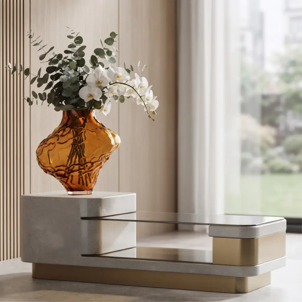 360 HOME MY HOME DECORATIVE GLASS VASE irregular bulbous wavy organic sculptural short narrow neck  35*30cm amber