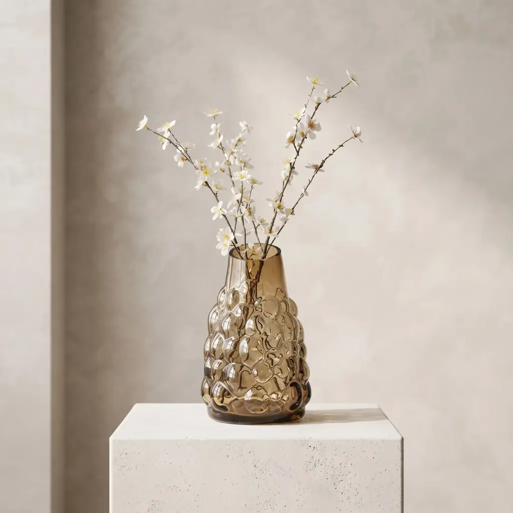 360 HOME MY HOME DECORATIVE GLASS VASE TEXTURED AMBER BUBBLE SHORT NARROW NECK 18.5*25cm