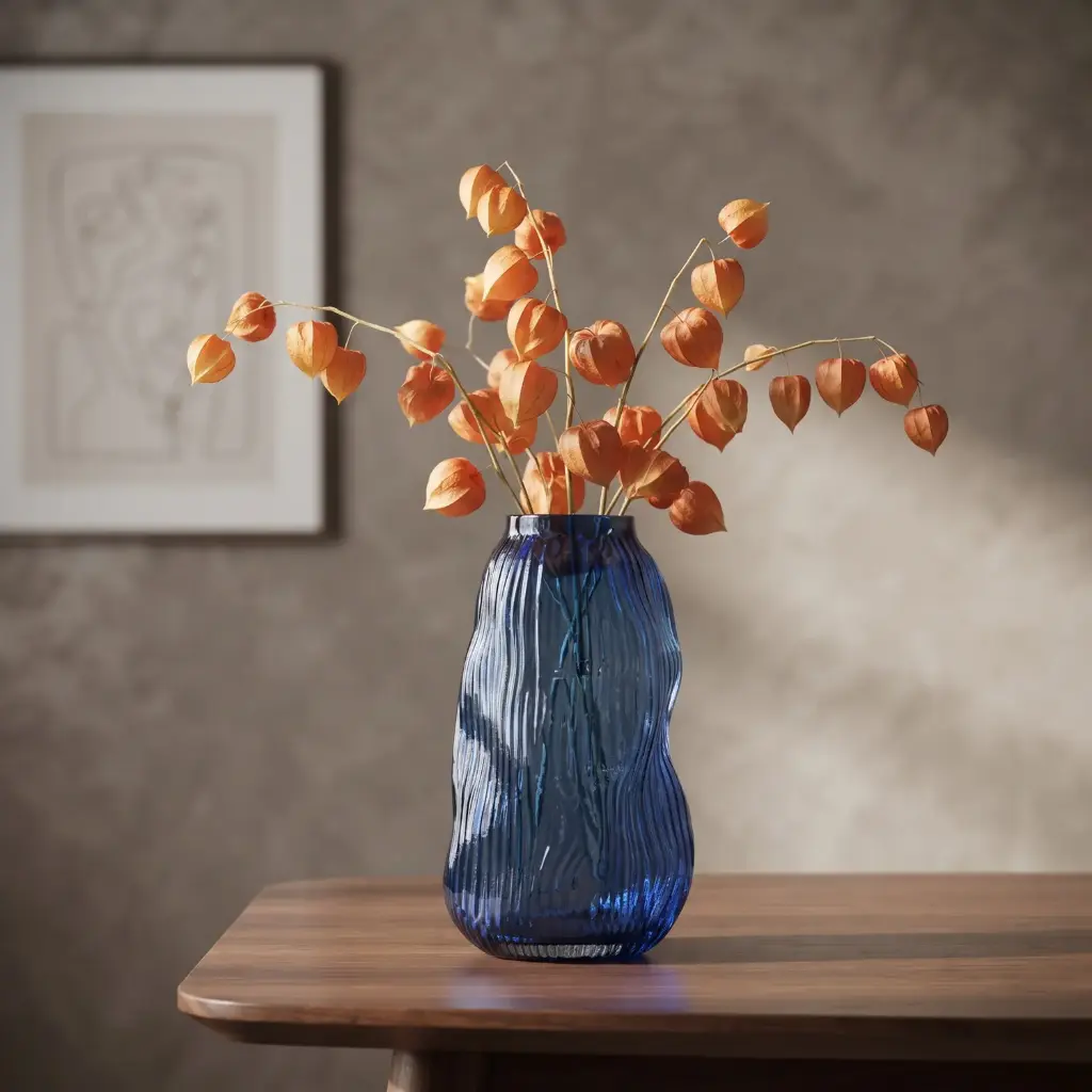 360 HOME MY HOME DECORATIVE GLASS VASE RIBBEDD WAVY CURVED BULBOUS BODY 13.5*23.5cm blue