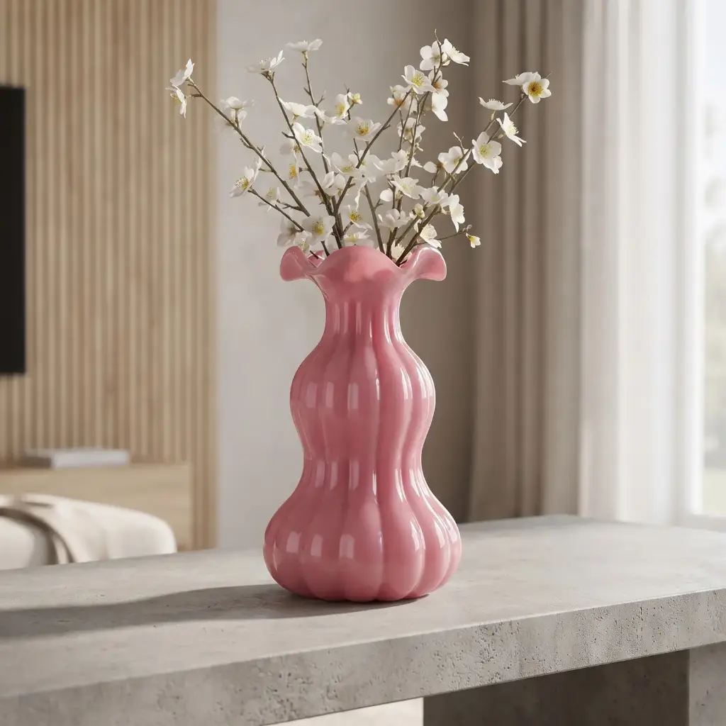 360 HOME MY HOME DECORATIVE GLASS VASE WAVY RIBBED TALL CURVY NARROW WAIST WAVY RIM 17.7*29.2cm PINK