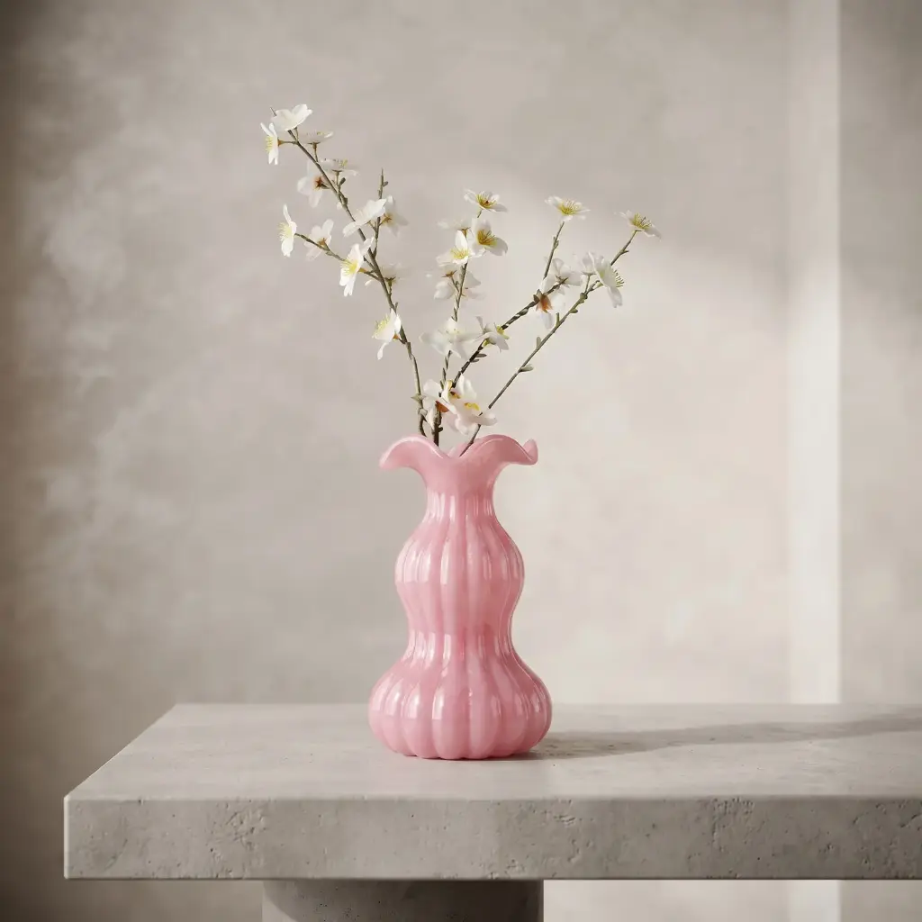 360 HOME MY HOME DECORATIVE GLASS VASE WAVY RIBBED TALL CURVY NARROW WAIST WAVY RIM 14.8*24.3cm PINK