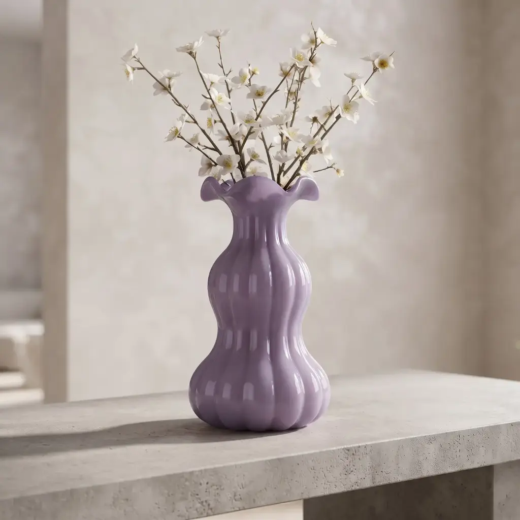 360 HOME MY HOME DECORATIVE GLASS VASE WAVY RIBBED CURVED BULBOUS NARROW WAIST WAVY RIM 17.7*29.2cm LAVENDER