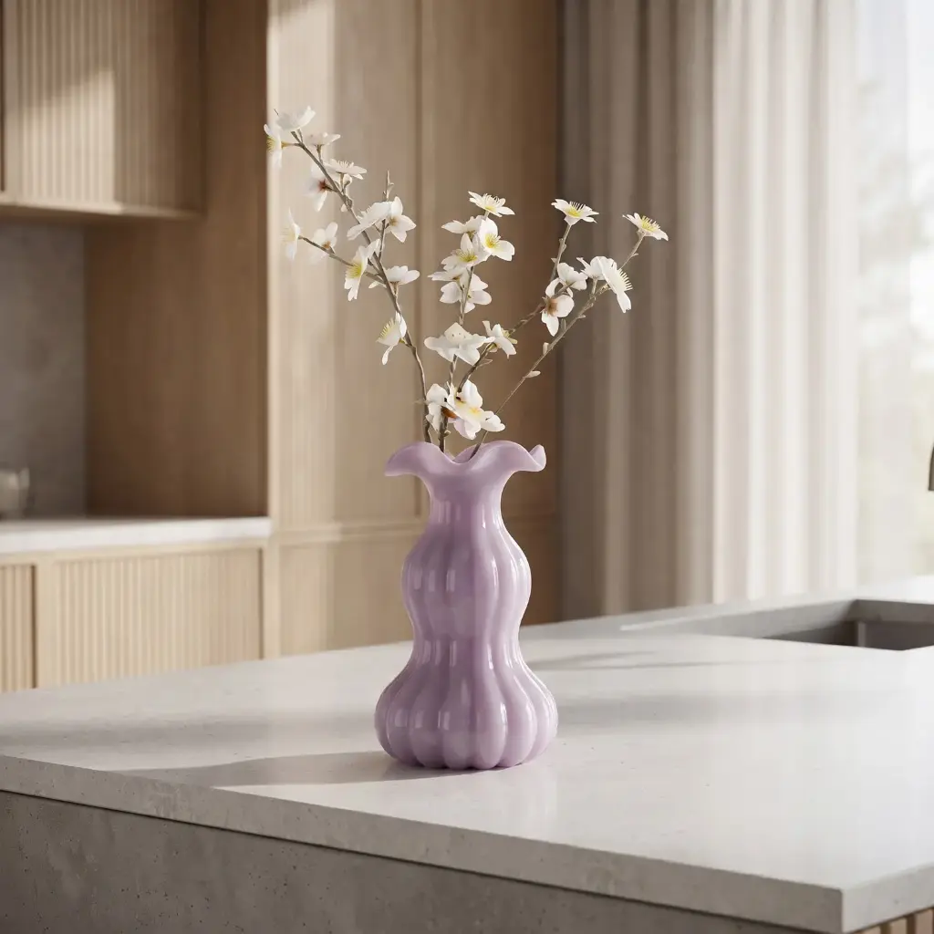 360 HOME MY HOME DECORATIVE GLASS VASE  WAVY RIBBED CURVED BULBOUS NARROW WAIST WAVY RIM 14.8*24.3cm LAVENDER