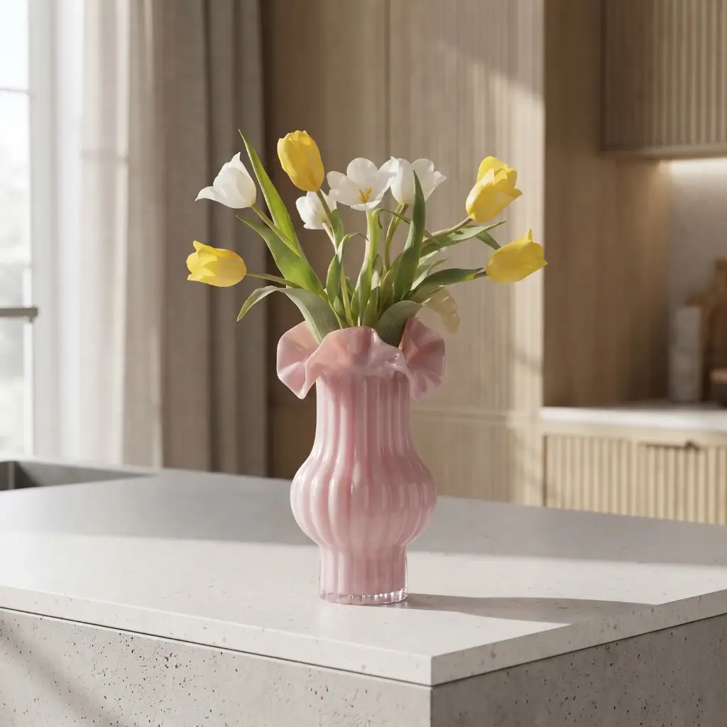360 HOME MY HOME DECORATIVE GLASS VASE RUFFED WAVY RIBBED BULBOUS WAVY RIM 17*28cm pink