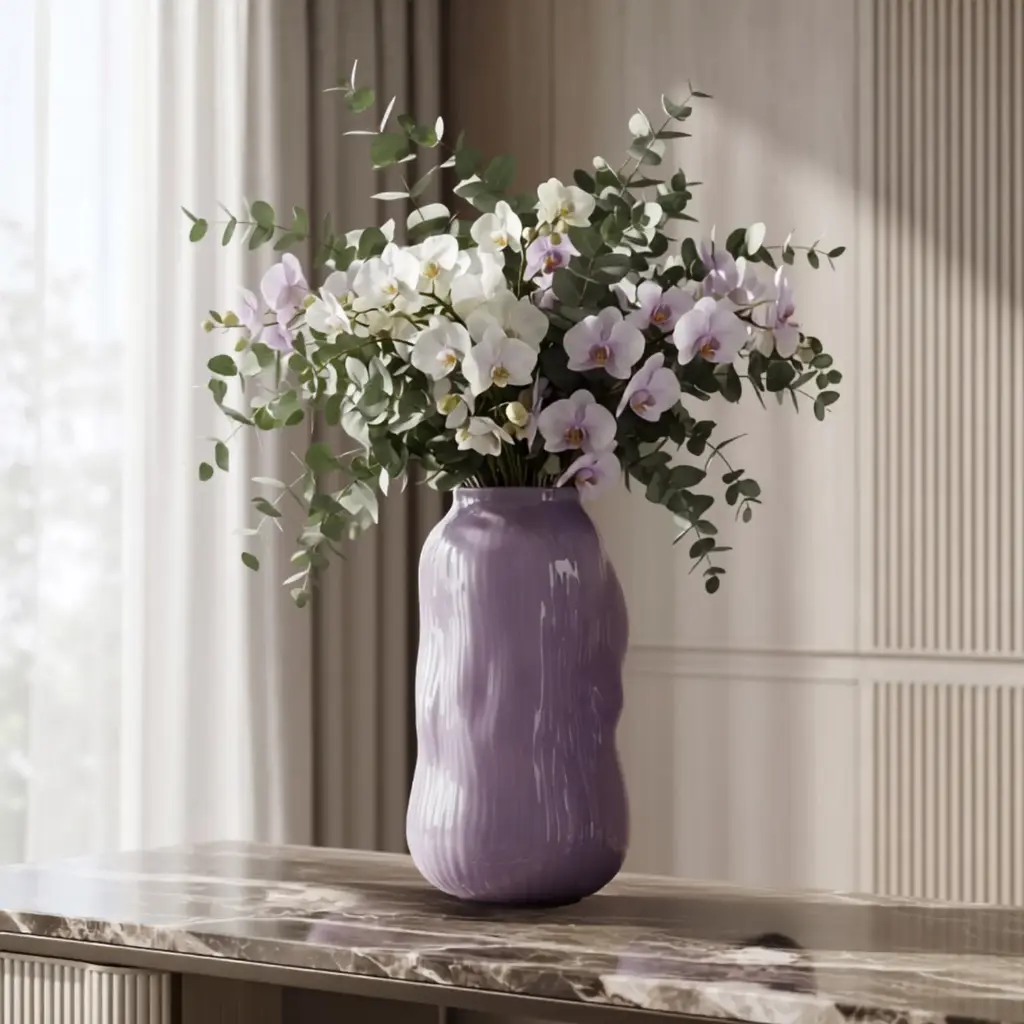 360 HOME MY HOME DECORATIVE GLASS VASE RIBBED ROUNDED CURVED WAVY SIDES 17*29.5cm purple
